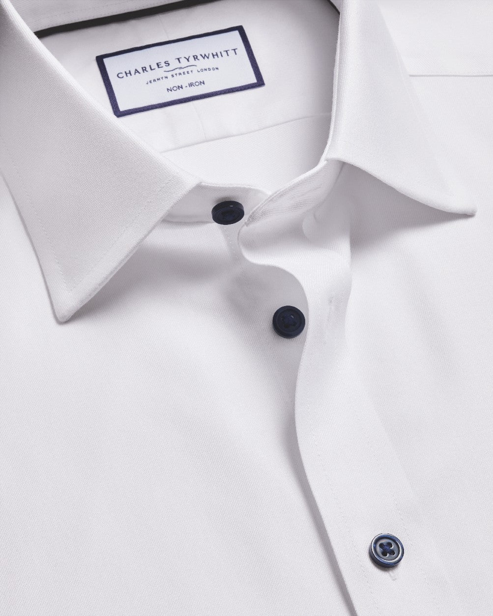 White Non-Iron Twill With Contrast Blue Buttons Slim Fit Shirt
