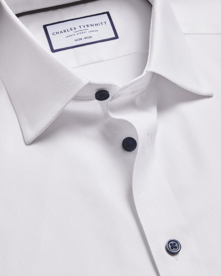 White Non-Iron Twill With Contrast Blue Buttons Slim Fit Shirt