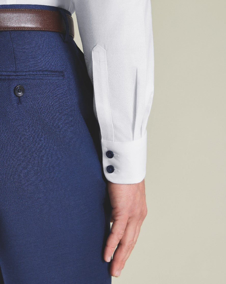 White Non-Iron Twill With Contrast Blue Buttons Slim Fit Shirt