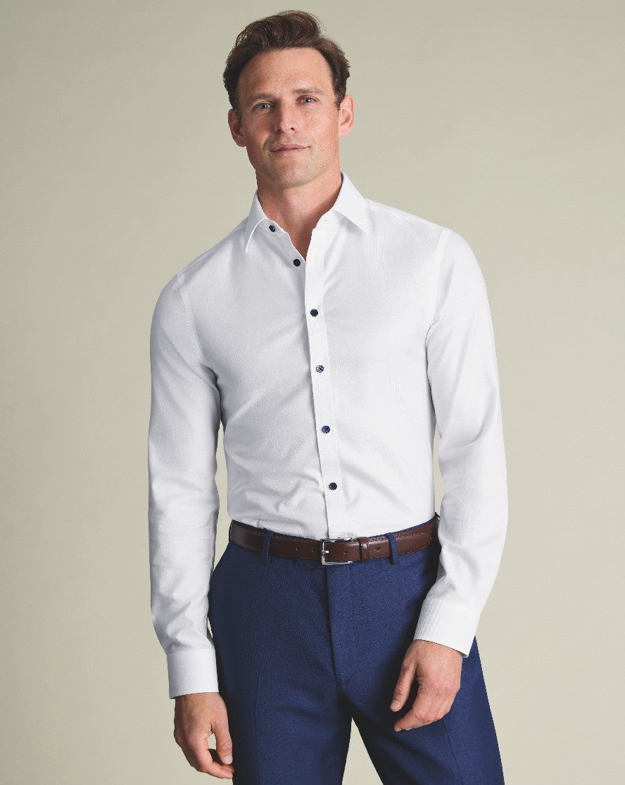 White Non-Iron Twill With Contrast Blue Buttons Slim Fit Shirt