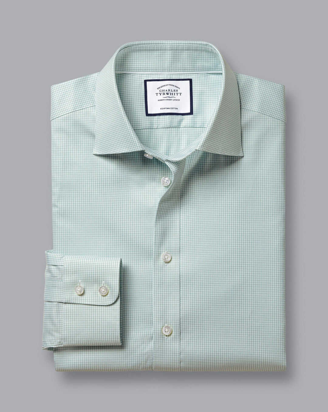 Charles Tyrwhitt Light Green Egyptian Cotton Twill Small Grid Check Slim Fit Shirt