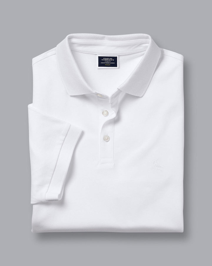 White Solid Short Sleeve Cotton Tyrwhitt Pique Polo