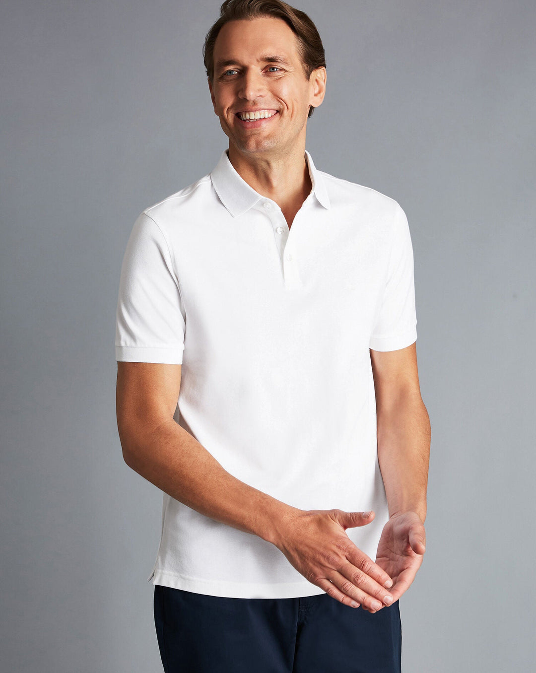 White Solid Short Sleeve Cotton Tyrwhitt Pique Polo