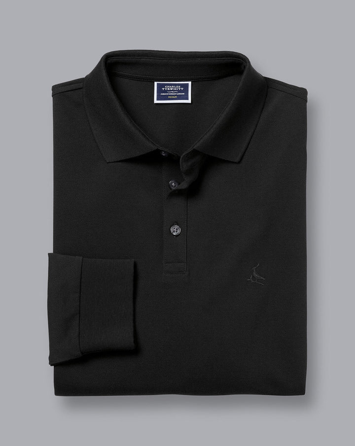 Black Solid Long Sleeve Plain Tyrwhitt Pique Polo