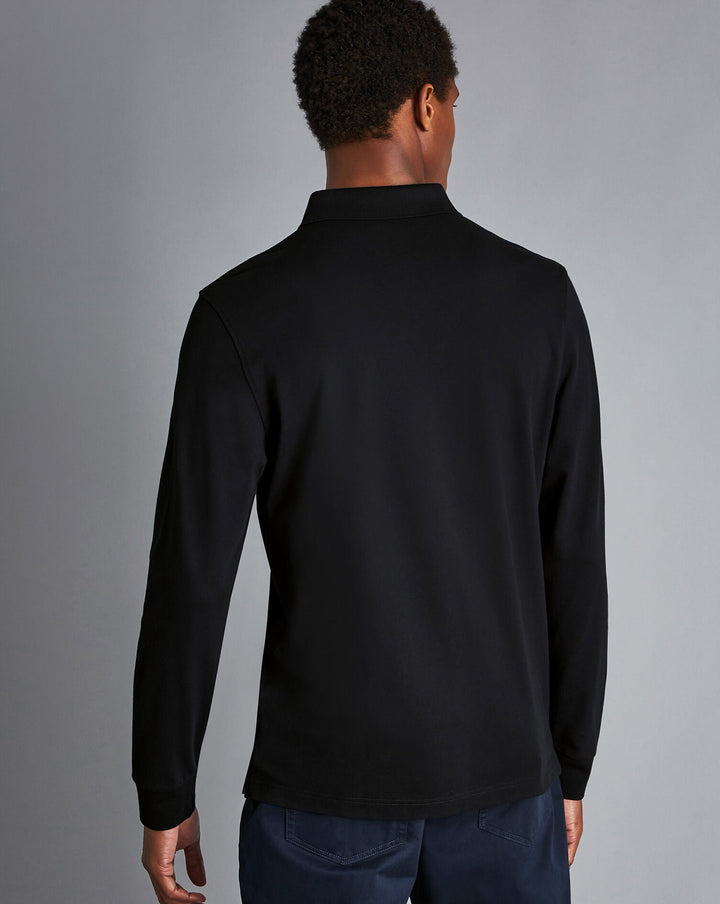 Black Solid Long Sleeve Plain Tyrwhitt Pique Polo