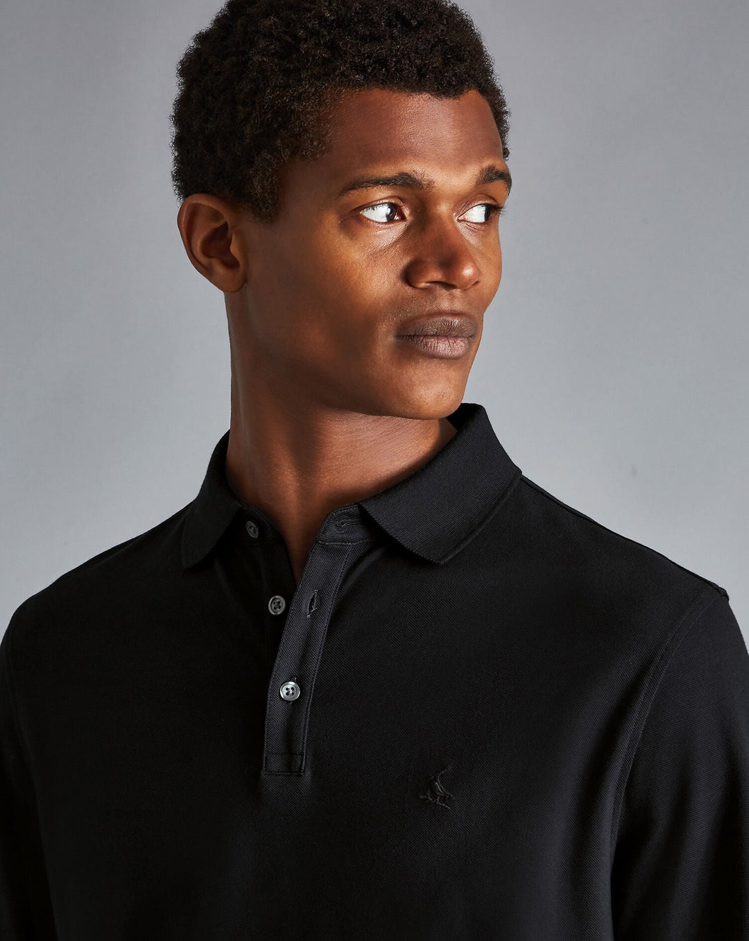 Black Solid Long Sleeve Plain Tyrwhitt Pique Polo