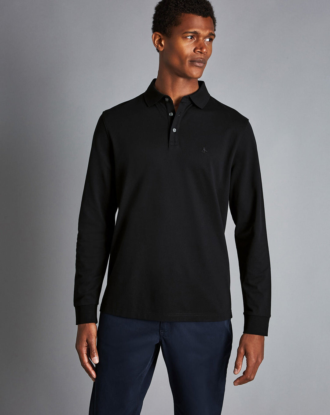 Black Solid Long Sleeve Plain Tyrwhitt Pique Polo