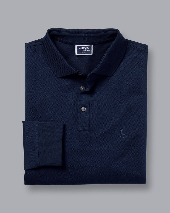 Navy Blue Solid Long Sleeve Plain Tyrwhitt Pique Polo