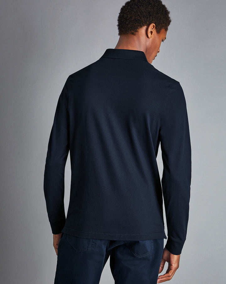 Navy Blue Solid Long Sleeve Plain Tyrwhitt Pique Polo