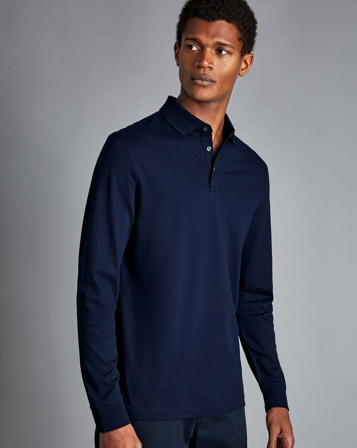 Navy Blue Solid Long Sleeve Plain Tyrwhitt Pique Polo