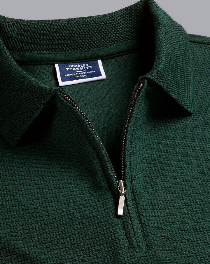 Charles Tyrwhitt Forest Green Waffle Texture Tyrwhitt Cool Zip Neck Short Sleeve Polo