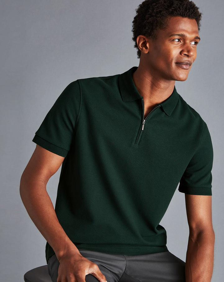 Charles Tyrwhitt Forest Green Waffle Texture Tyrwhitt Cool Zip Neck Short Sleeve Polo