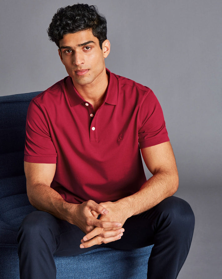 Red Solid Short Sleeve Cotton Tyrwhitt Pique Polo