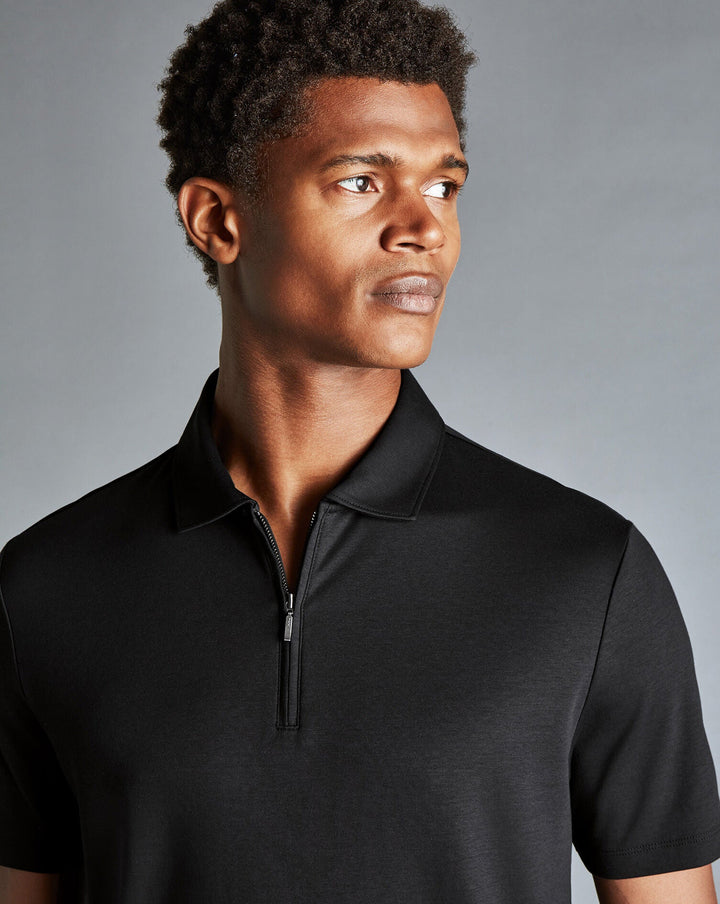 Black Plain Short Sleeve Zip Jersey Polo