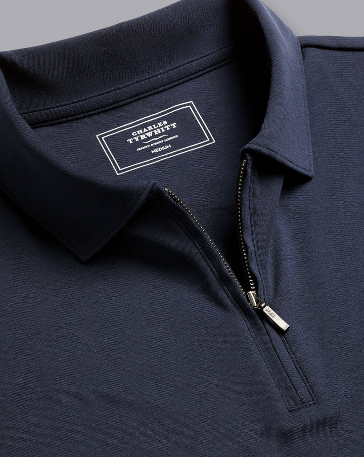 Navy Blue Plain Short Sleeve Zip Jersey Polo