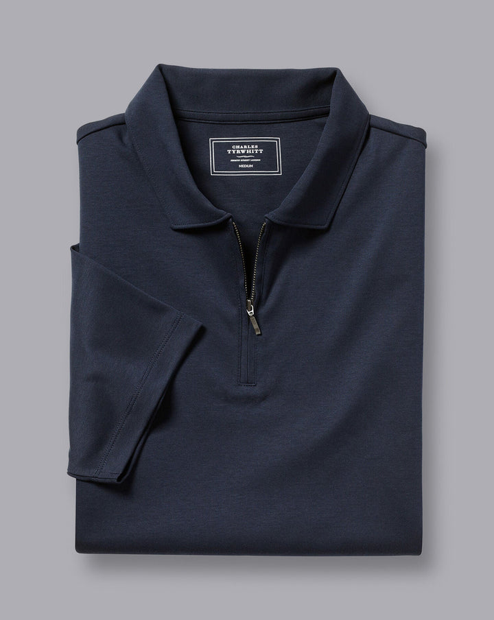 Navy Blue Plain Short Sleeve Zip Jersey Polo