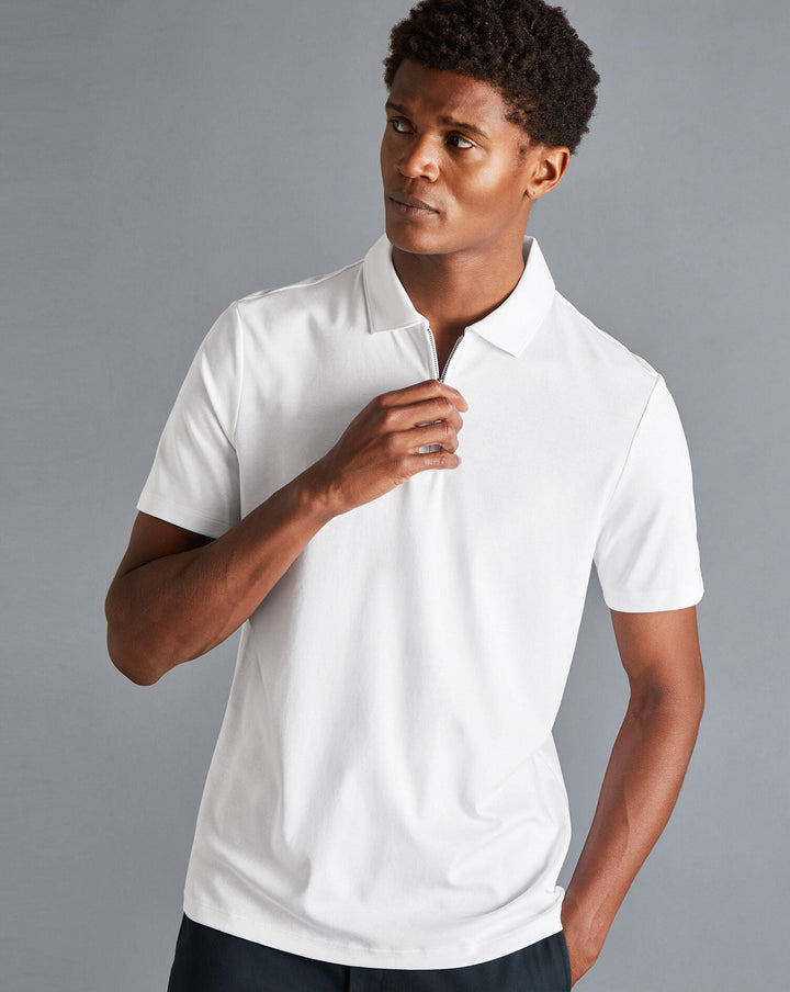 White Plain Short Sleeve Zip Jersey Polo