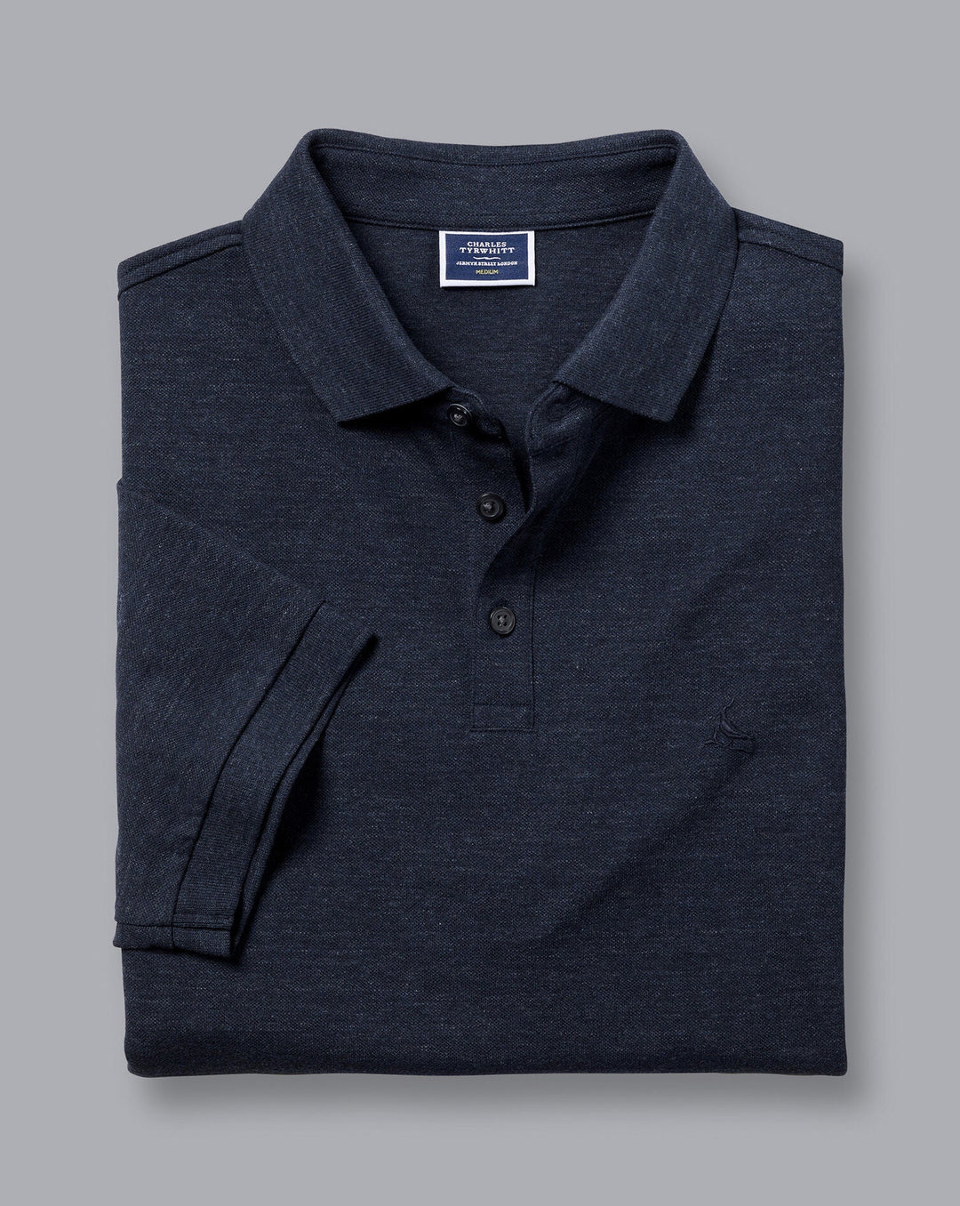 Navy Blue Melange Short Sleeve Cotton Tyrwhitt Pique Polo