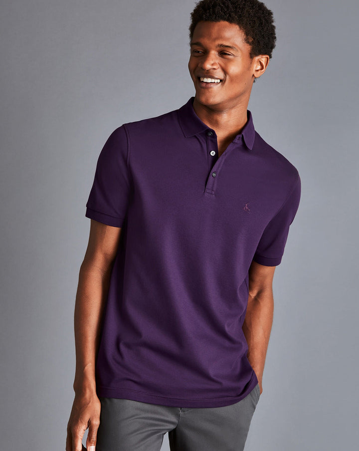 Charles Tyrwhitt Purple Solid Short Sleeve Cotton Tyrwhitt Pique Polo