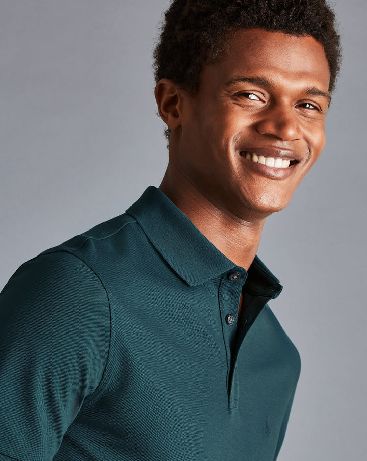 Charles Tyrwhitt Teal Green Solid Short Sleeve Cotton Tyrwhitt Pique Polo