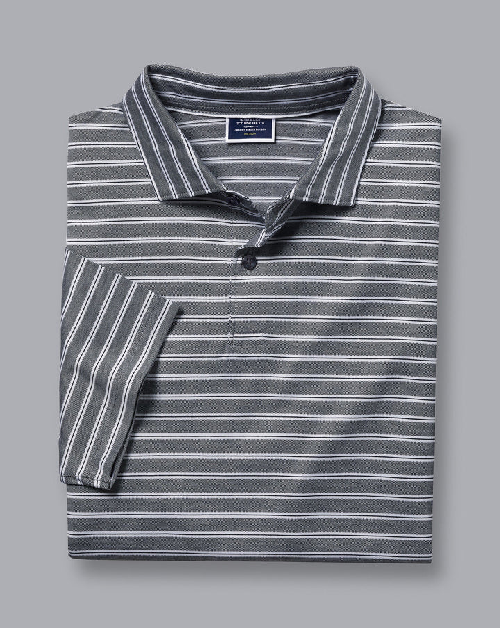 Charles Tyrwhitt Dark Navy Jacquard Stripe Short Sleeve Cotton Polo