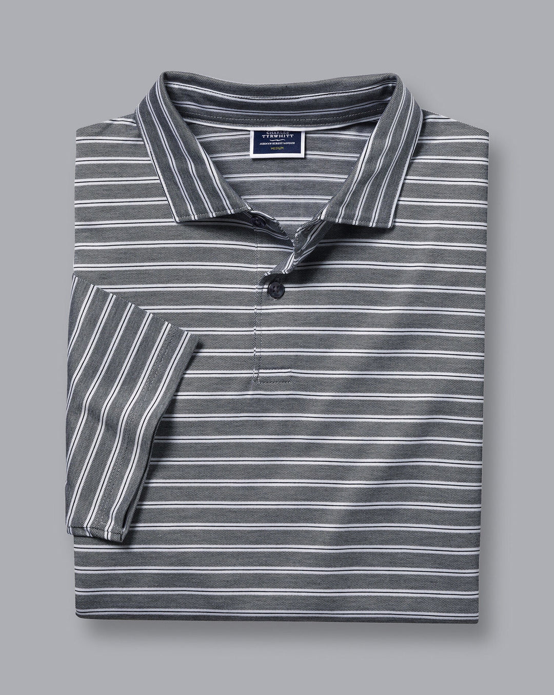 Dark Navy Jacquard Stripe Short Sleeve Cotton Polo