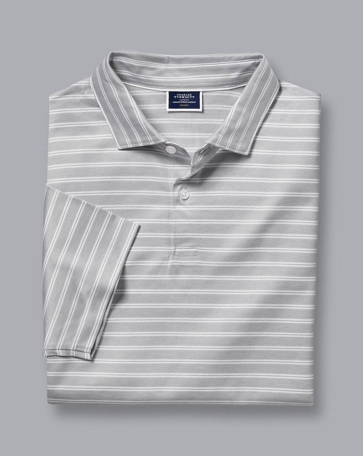 Charles Tyrwhitt Light Grey Jacquard Stripe Short Sleeve Cotton Polo