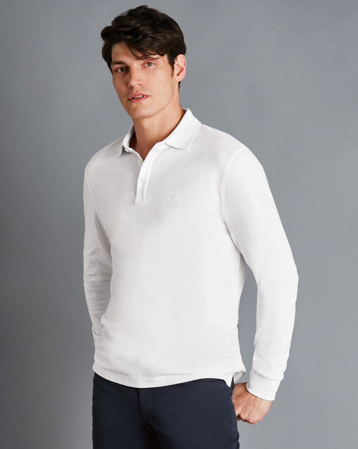 White Solid Long Sleeve Plain Cotton Tyrwhitt Pique Polo