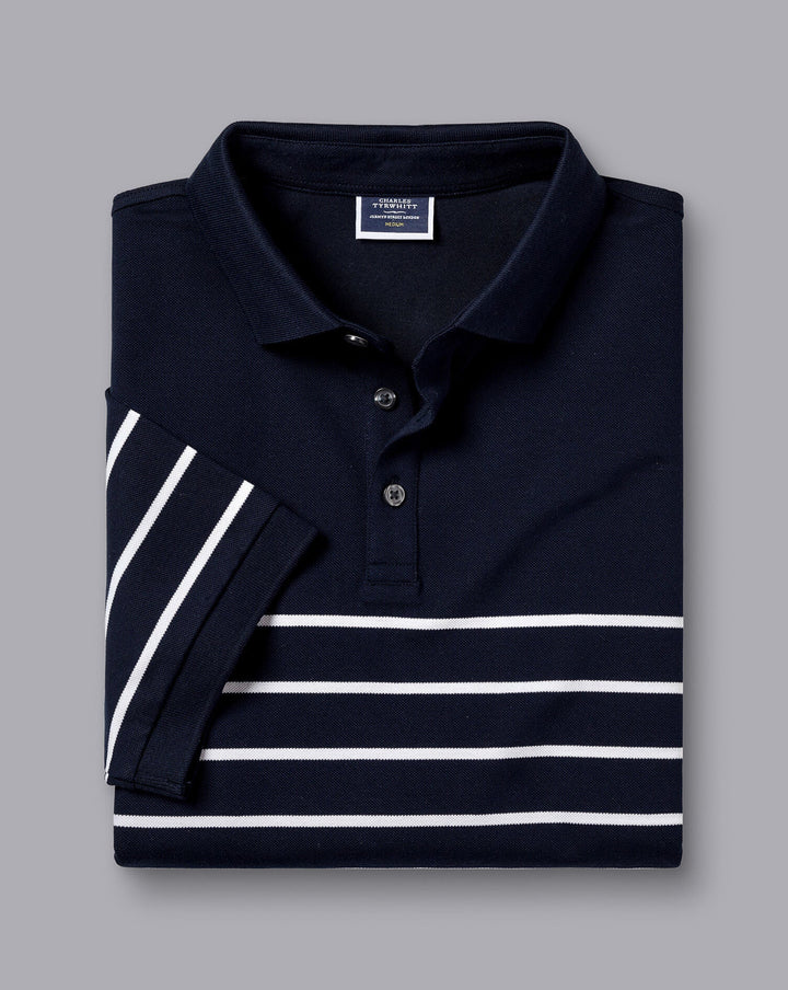 Navy And White Breton Stripe Short Sleeve Cotton Tyrwhitt Pique Polo