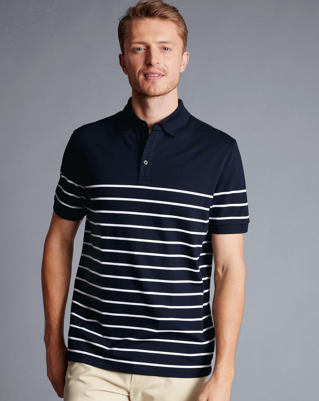 Navy And White Breton Stripe Short Sleeve Cotton Tyrwhitt Pique Polo