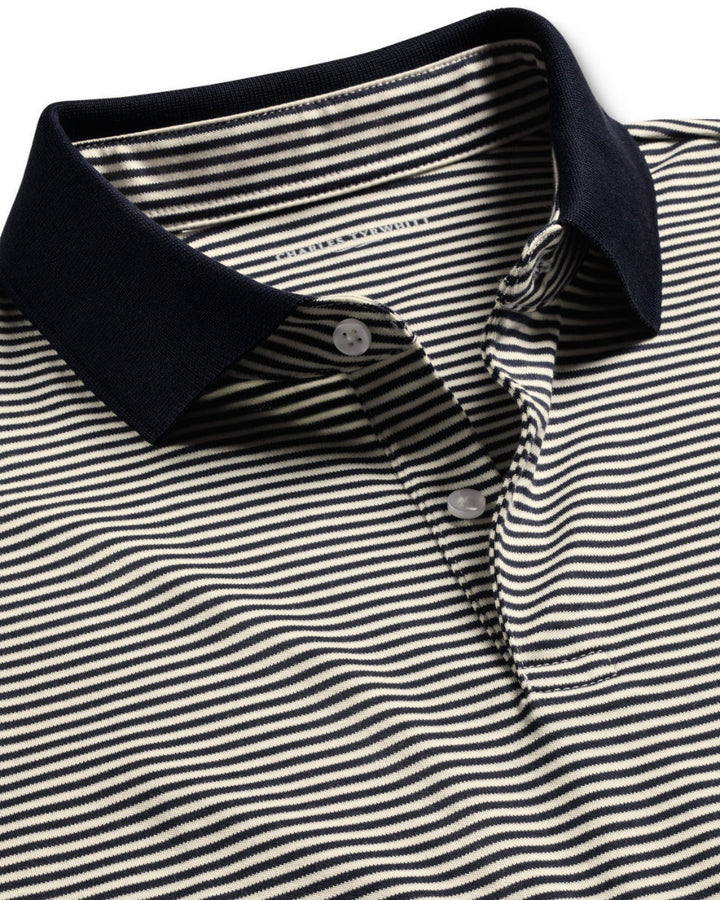 Navy And Ecru Fine Stripe Short Sleeve Jersey Polo