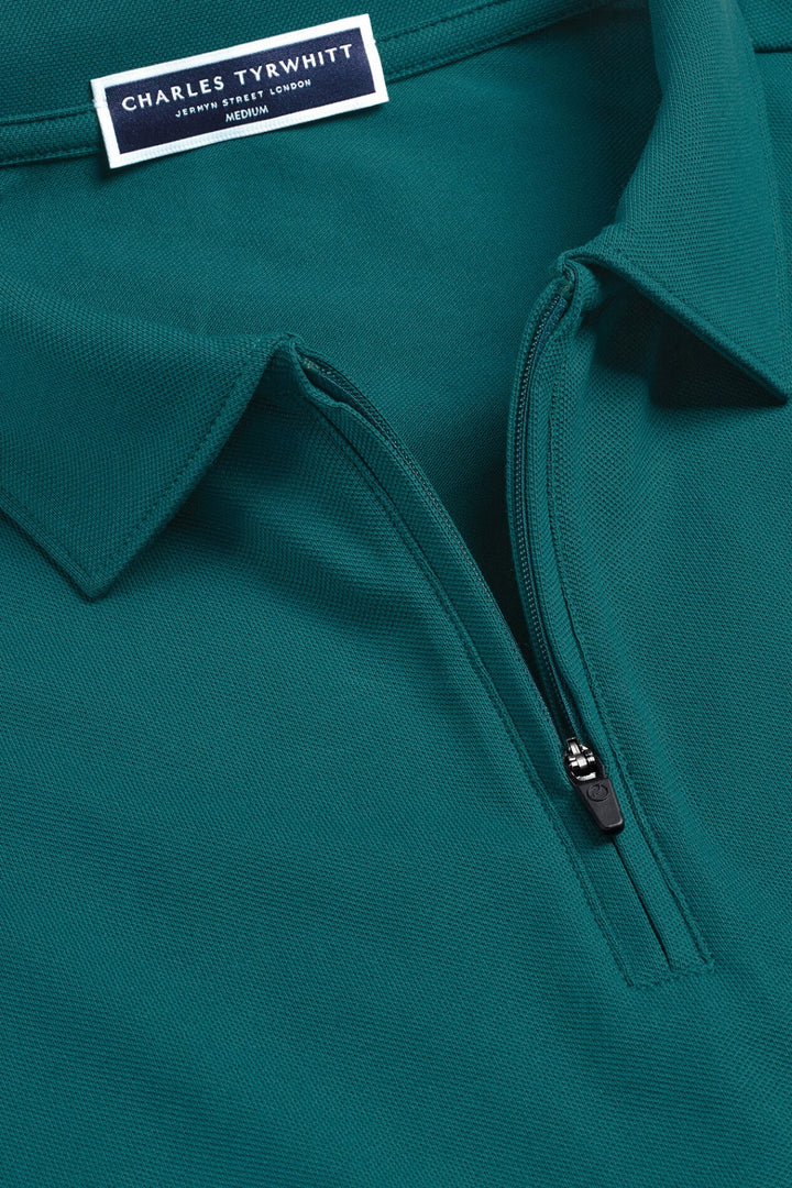 Teal Green Short Sleeve Zip Performance Pique Polo