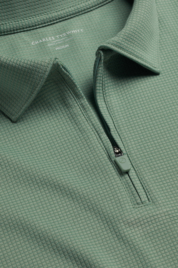 Green Short Sleeve Textured Zip Performance Polo