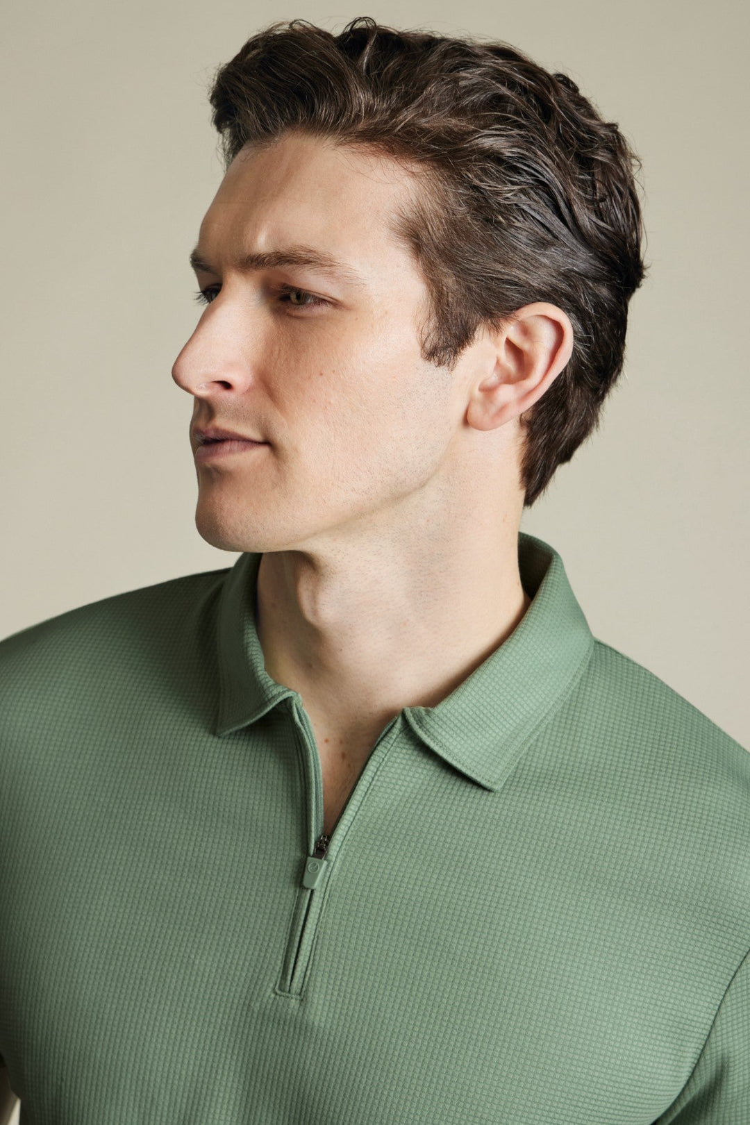 Green Short Sleeve Textured Zip Performance Polo