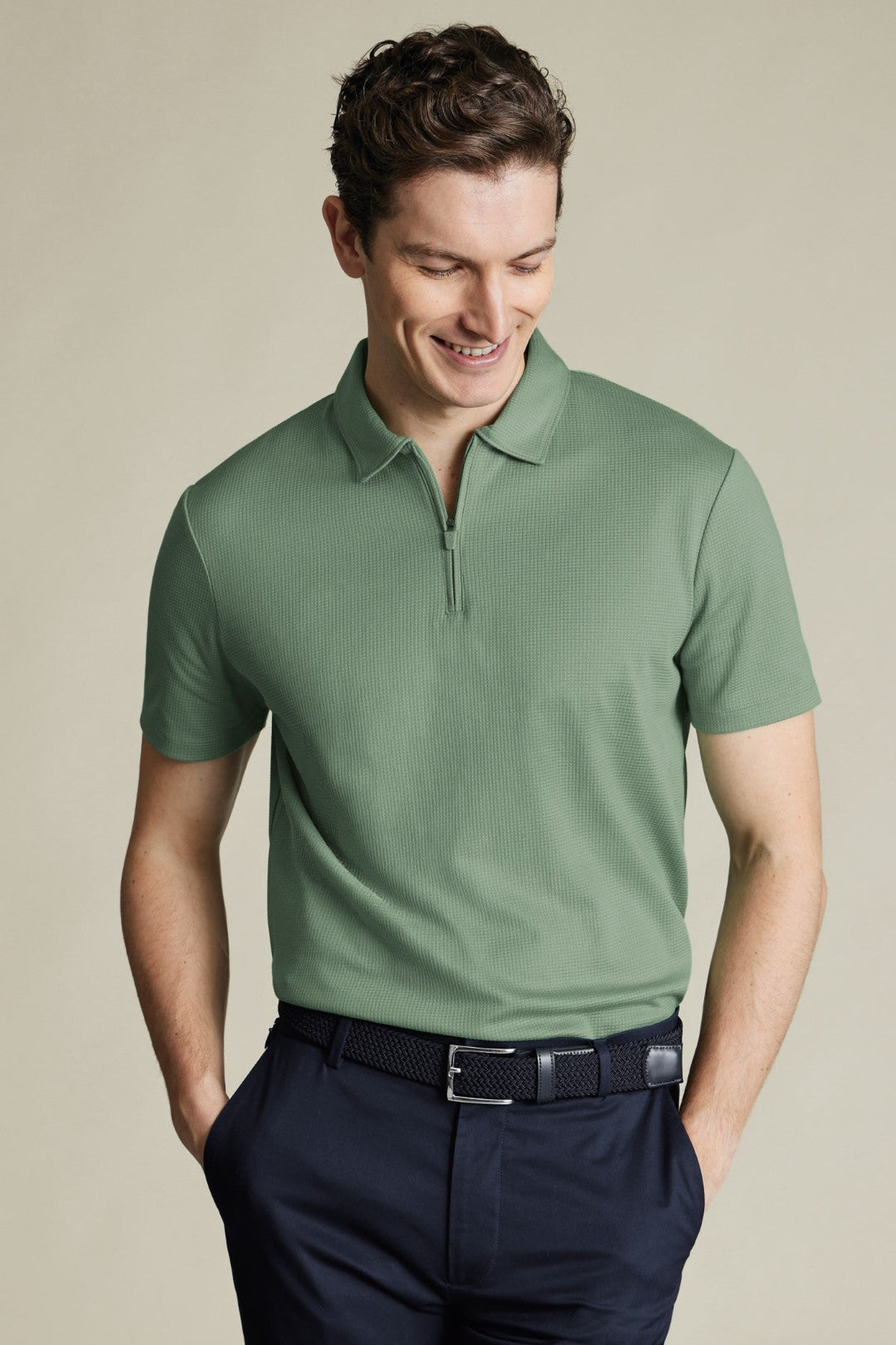 Green Short Sleeve Textured Zip Performance Polo