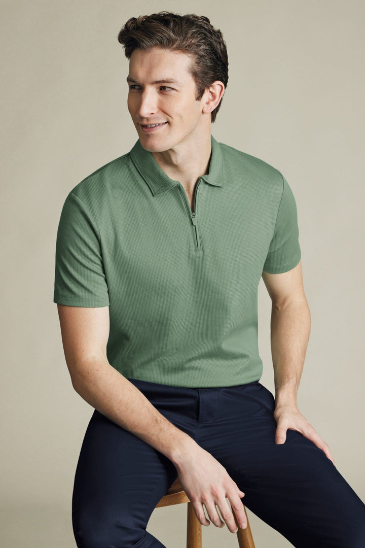 Green Short Sleeve Textured Zip Performance Polo