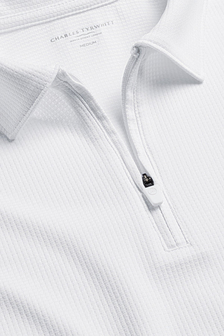 White Short Sleeve Textured Zip Performance Polo