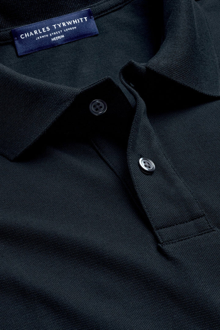 Black Solid Short Sleeve Cotton Stretch Pique Polo