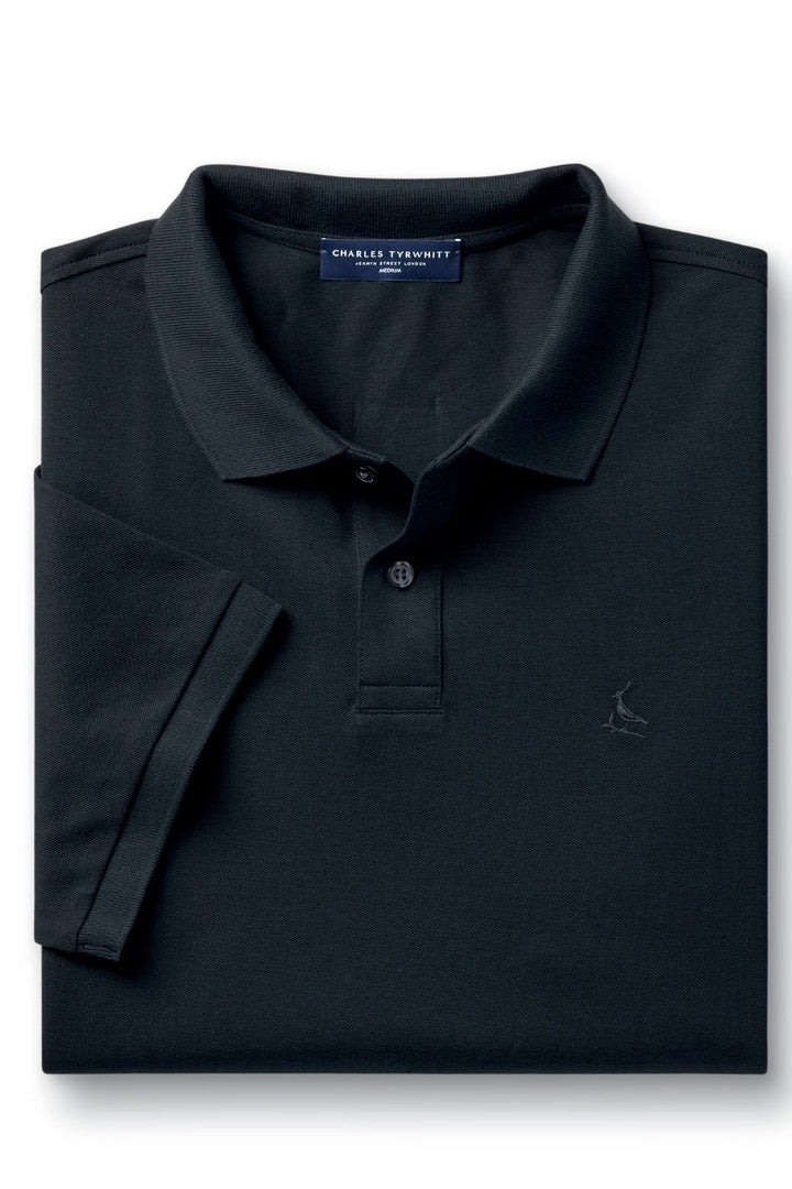 Black Solid Short Sleeve Cotton Stretch Pique Polo