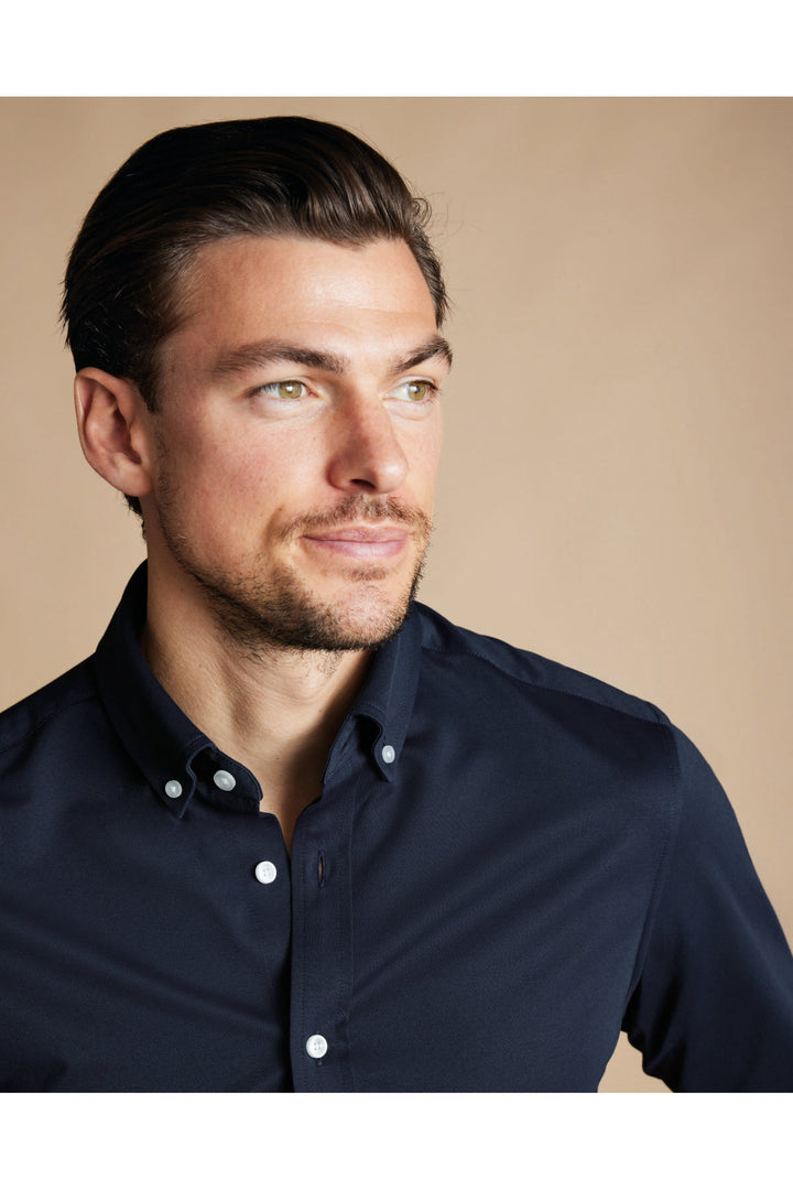 Navy Four-Way Stretch Button Down Jersey Shirt