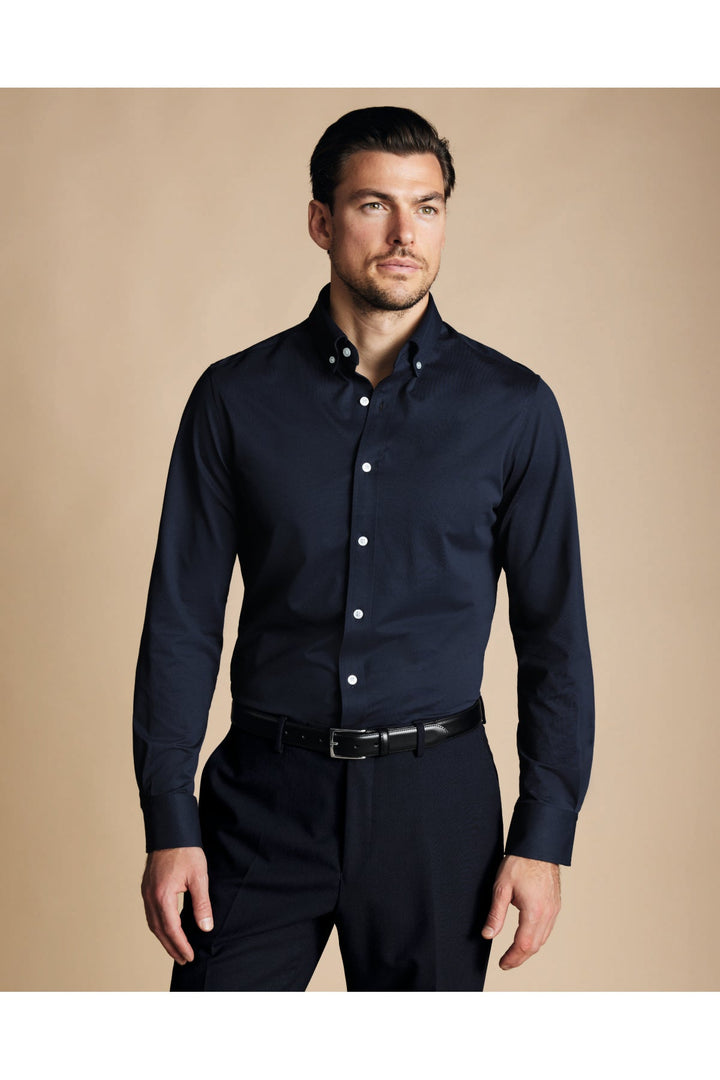 Navy Four-Way Stretch Button Down Jersey Shirt