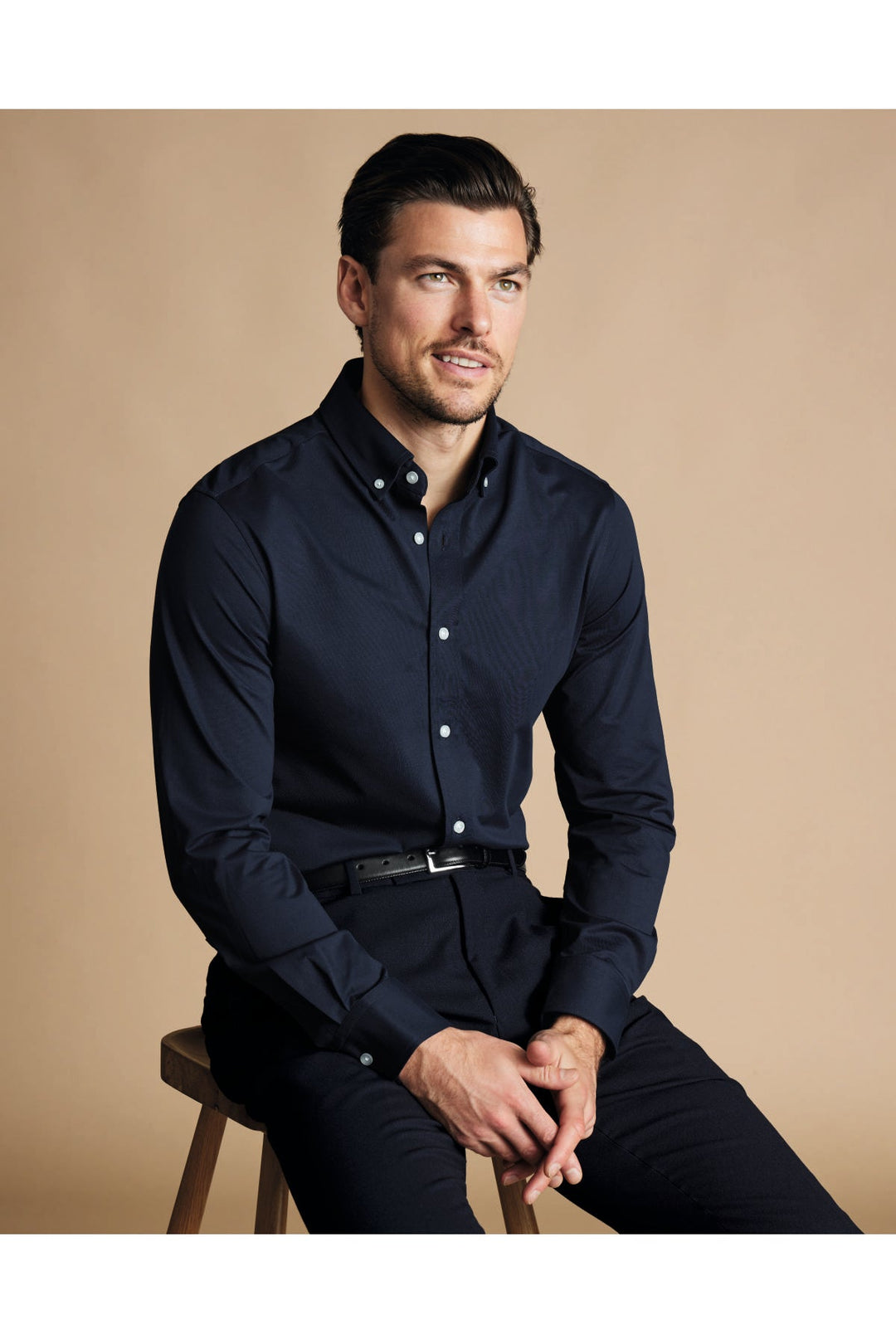 Navy Four-Way Stretch Button Down Jersey Shirt