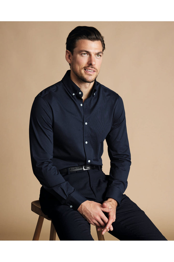 Navy Four-Way Stretch Button Down Jersey Shirt