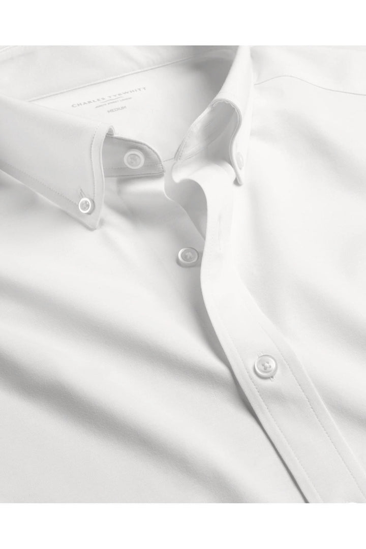 White Four-Way Stretch Button Down Jersey Shirt