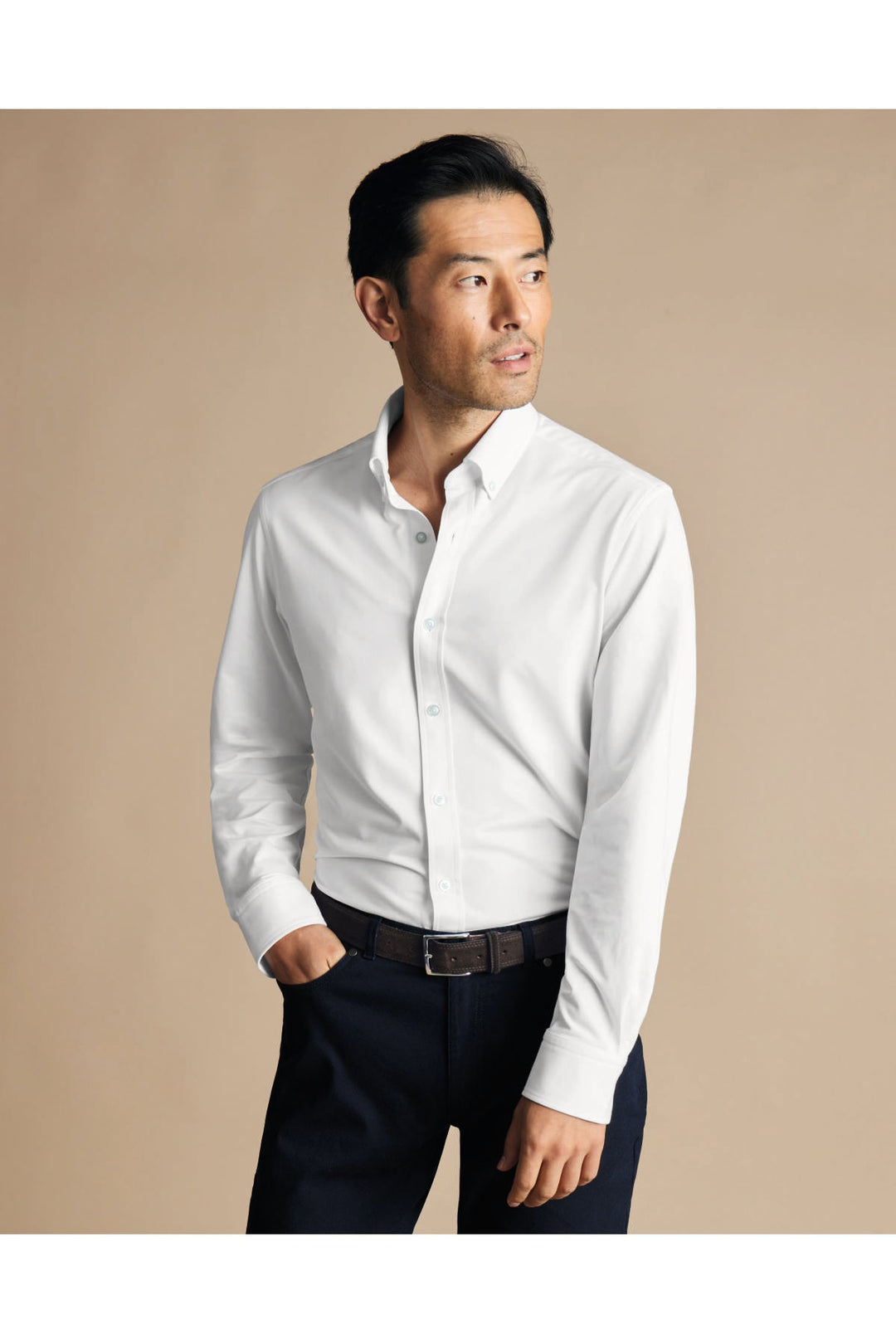White Four-Way Stretch Button Down Jersey Shirt