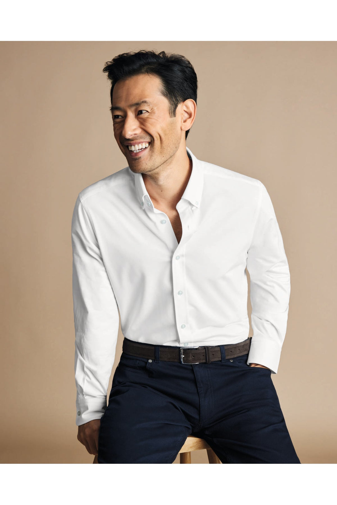 White Four-Way Stretch Button Down Jersey Shirt