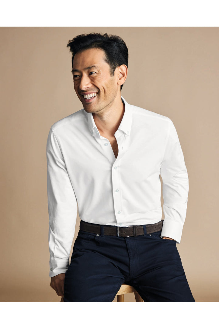 White Four-Way Stretch Button Down Jersey Shirt