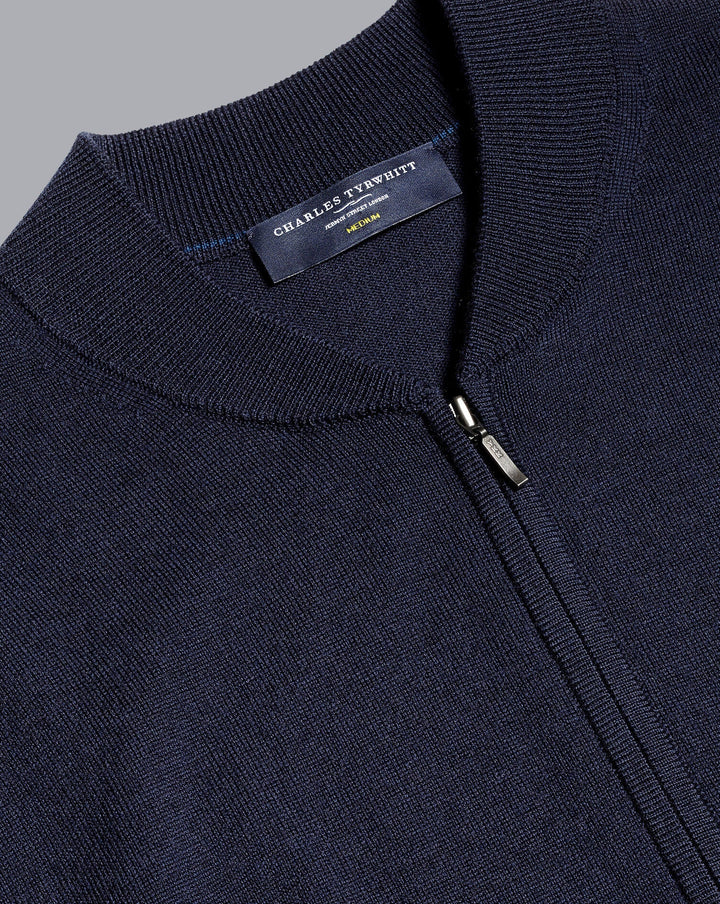 Navy Blue Pure Merino Zip Through Bomber