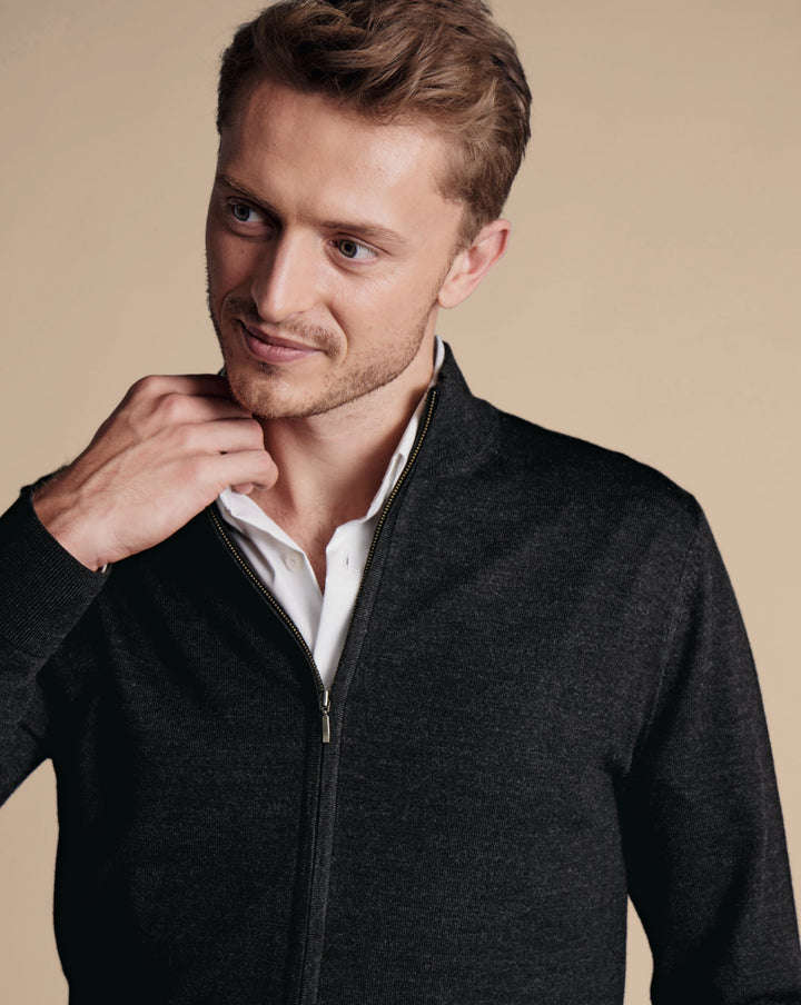 Charcoal Grey Pure Merino Full Zip Through Cardigan