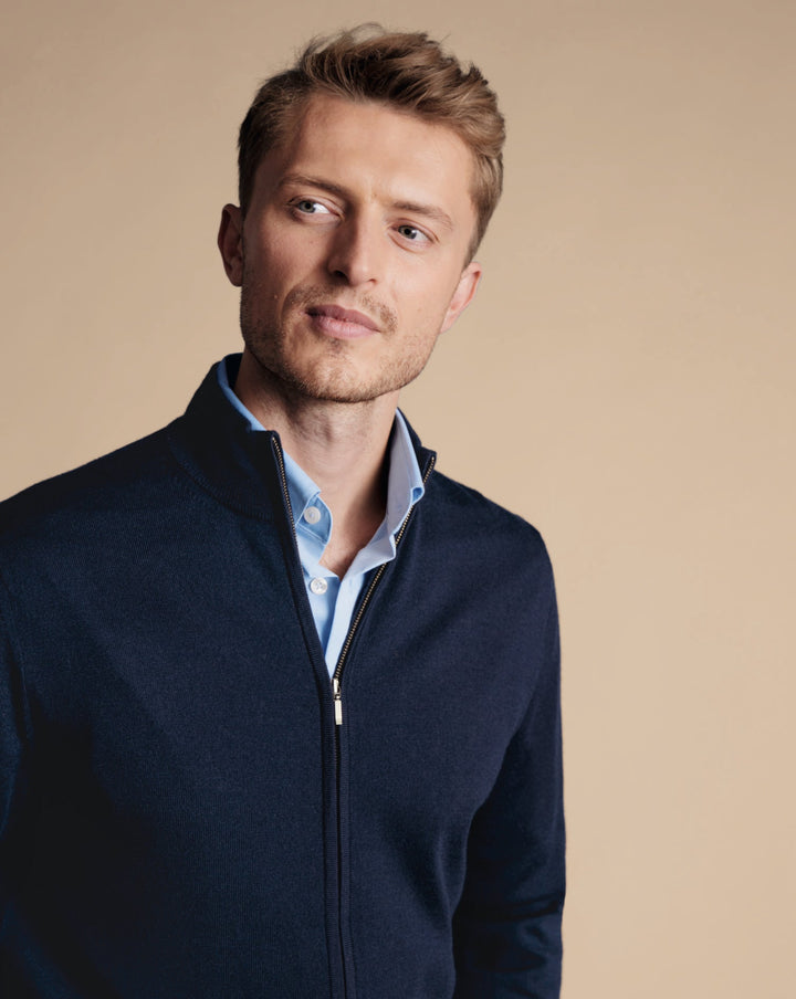 Navy Pure Merino Full Zip Through Cardigan